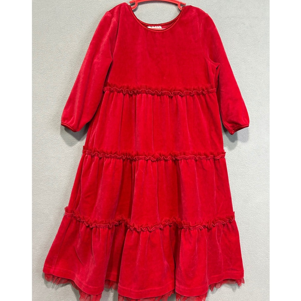 Hanna Andersson Velour Dress Girls 120 US 6/7 Red Tiered Long Sleeve‎ Holiday